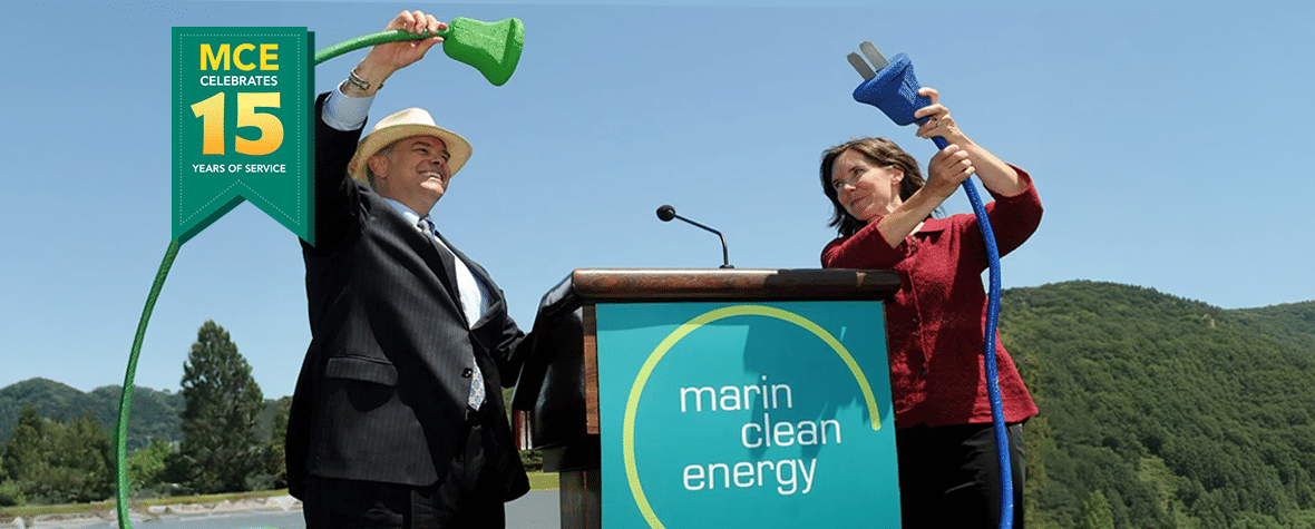 Charles McGlashan (left), MCE’s founding Chairman, and Dawn Weisz, MCE’s founding CEO, plug into the grid at MCE’s launch event in 2010.