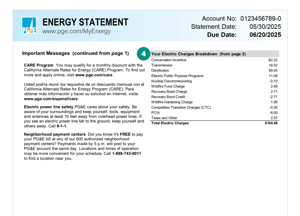 An energy statement from PG&E with account info, total electric charges of $104.48, and details on discounts and safety tips in English and Spanish.