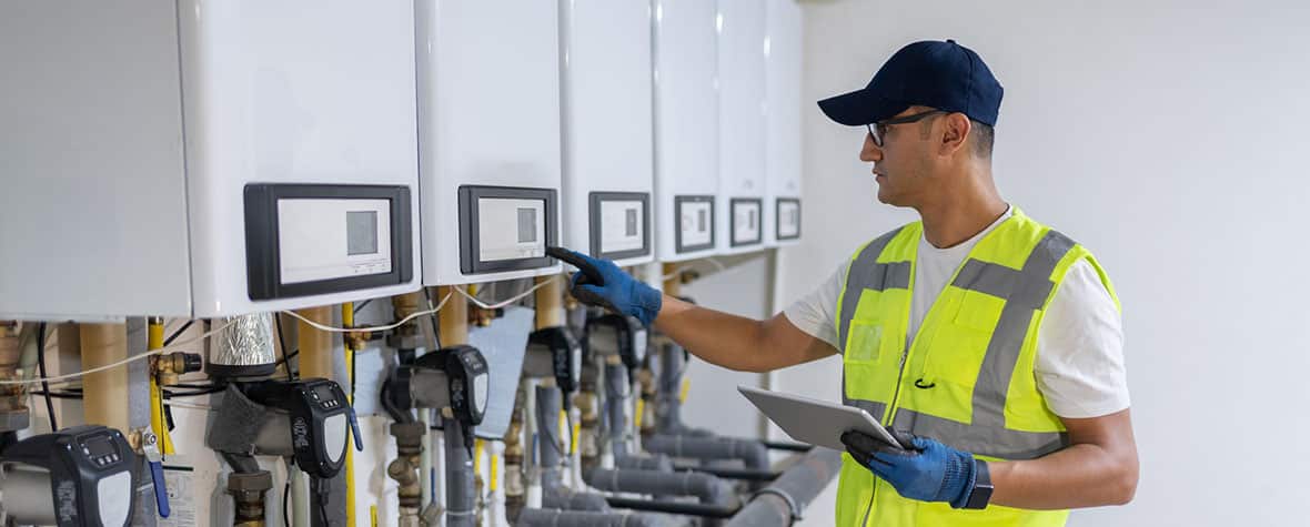 Male Engineer Checking Boiler System In A Basement