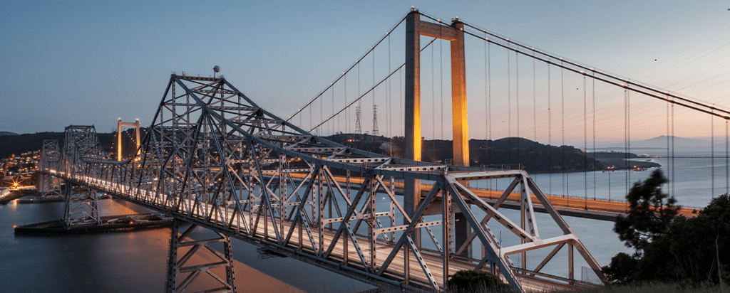 View of the Carquinez Bridge at sunset in Vallejo, California.